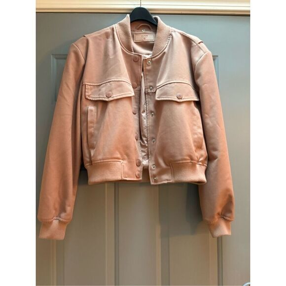 Blush Pink Cropped Bomber Jacket Utility Pockets Snap Front Lightweight - Picture 5 of 12